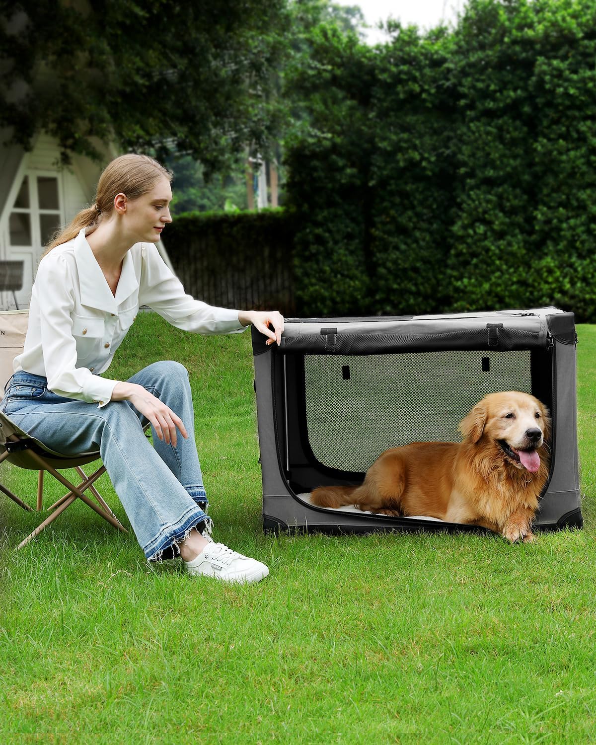 36-Inch Collapsible Travel Dog Crate, Portable 4-Door Soft Kennel for Medium to Large Dogs, Durable Mesh Windows, Indoor/Outdoor Use, Foldable, with Storage Bag (Grey)
