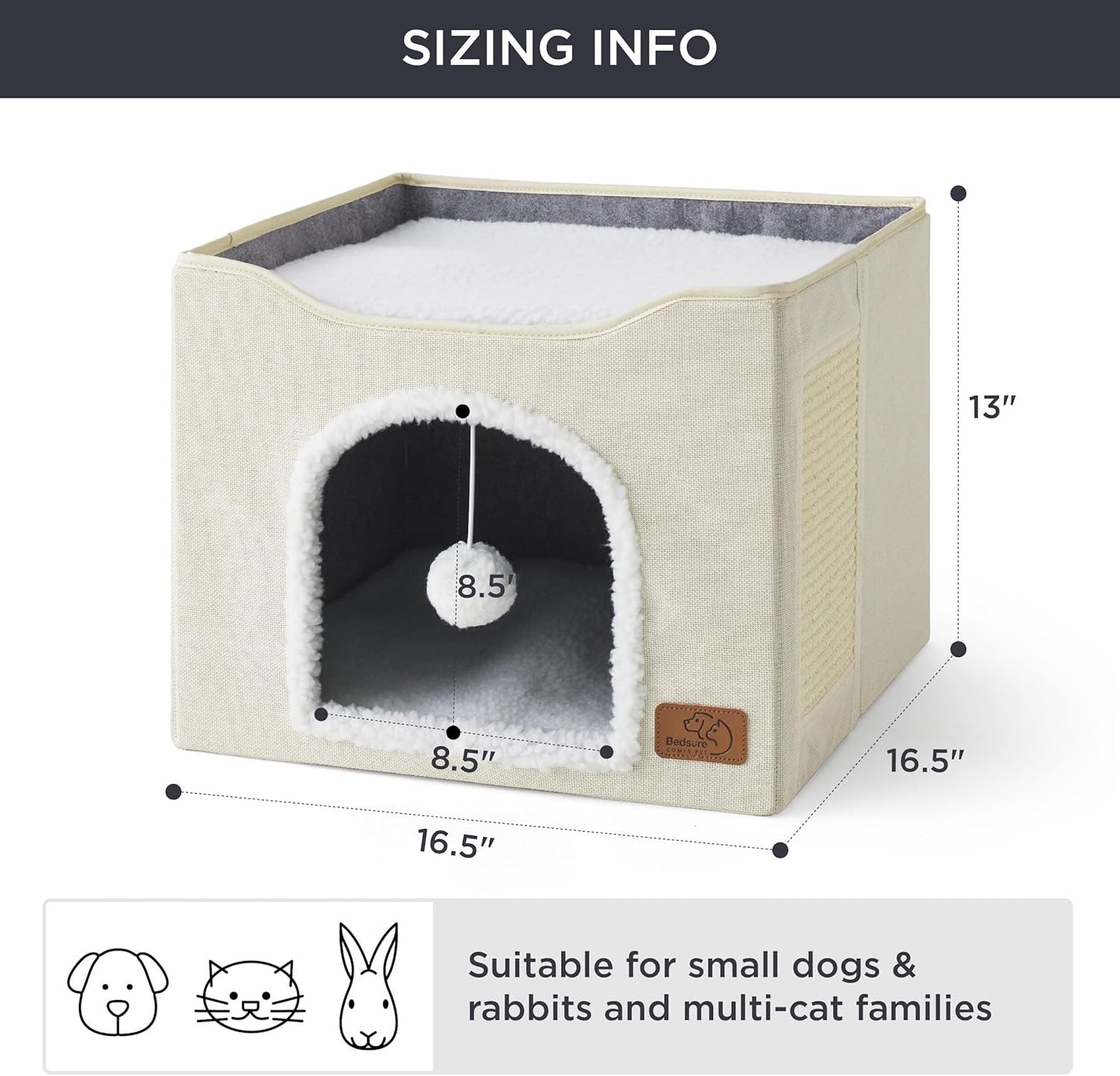 Bedsure Cat Beds for Indoor Cats - Large Cat Cave for Pet Cat House with Fluffy Ball Hanging and Scratch Pad, Foldable Cat Hideaway, 16.5x16.5x13 inches, Ivory - Pet Explorer