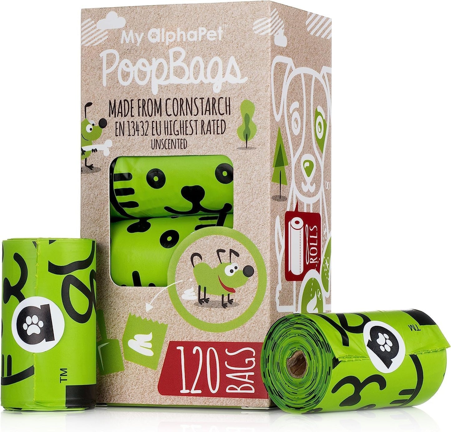 Compostable Dog Poop Bags, Cornstarch Eco-Friendly, HOME COMPOST NF T 51-800, 120 Count, Large Size Bag 9x13 Inches, 8 Unscented Refill Rolls, Leak-proof, Plantbased, GM-Free Corn - Pet Explorer