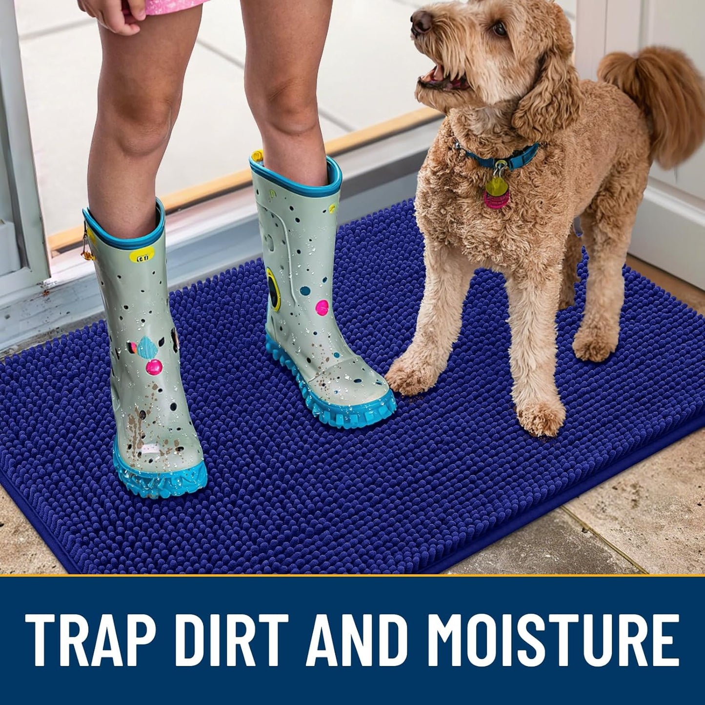 Smiry Dog Door Mat for Muddy Paws 71x46, Absorbs Moisture and Dirt Doormat, Non-Slip Washable Quick Dry Chenille Front Door Mat Indoor Entrance, Entryway Carpet for Inside Floor, Navy Blue