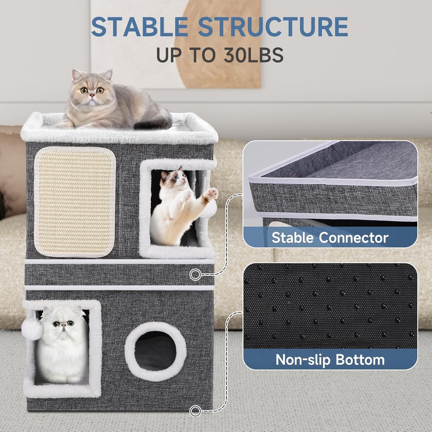 2-Storey Cat House for Indoor Cats, Separate Into 2 Large Cat Bed Cave with Hideaway Condos, Scratch Pads, Hanging Balls, Foldable Indoor Cat House Hold Up to 30LBS, Cat Cube for Multiple Cats Kitten - Pet Explorer