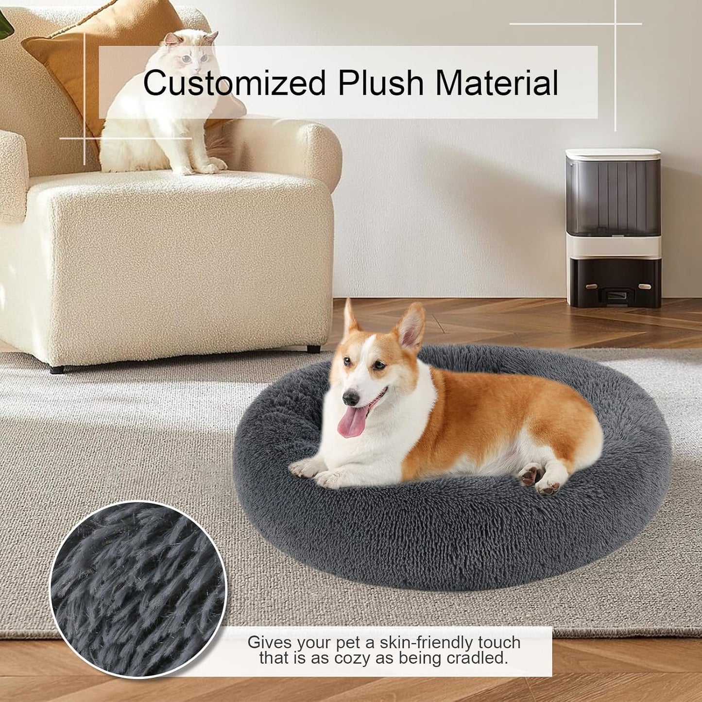 Dog Bed, Cat Calming Bed, Faux Fur Pillow Pet Donut Cuddler Round Plush Bed for Large Medium Small Dogs and Cats (Dark Grey, 44.0" L x 44.0" W x 7.0" Th) - Pet Explorer