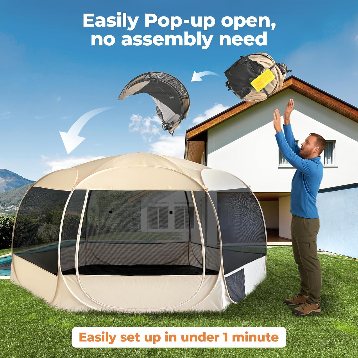 EighteenTek XXLarge Popup Portable Dog Houses, 10'x4.8'H Assembly-Free Gazebo-Style Dog Cot Cat Playpen Screen Pet Tent Sun Shade Shelter Dog Bed with Canopy for Outdoor Anti-Bugs with Leakproof Floor - Pet Explorer