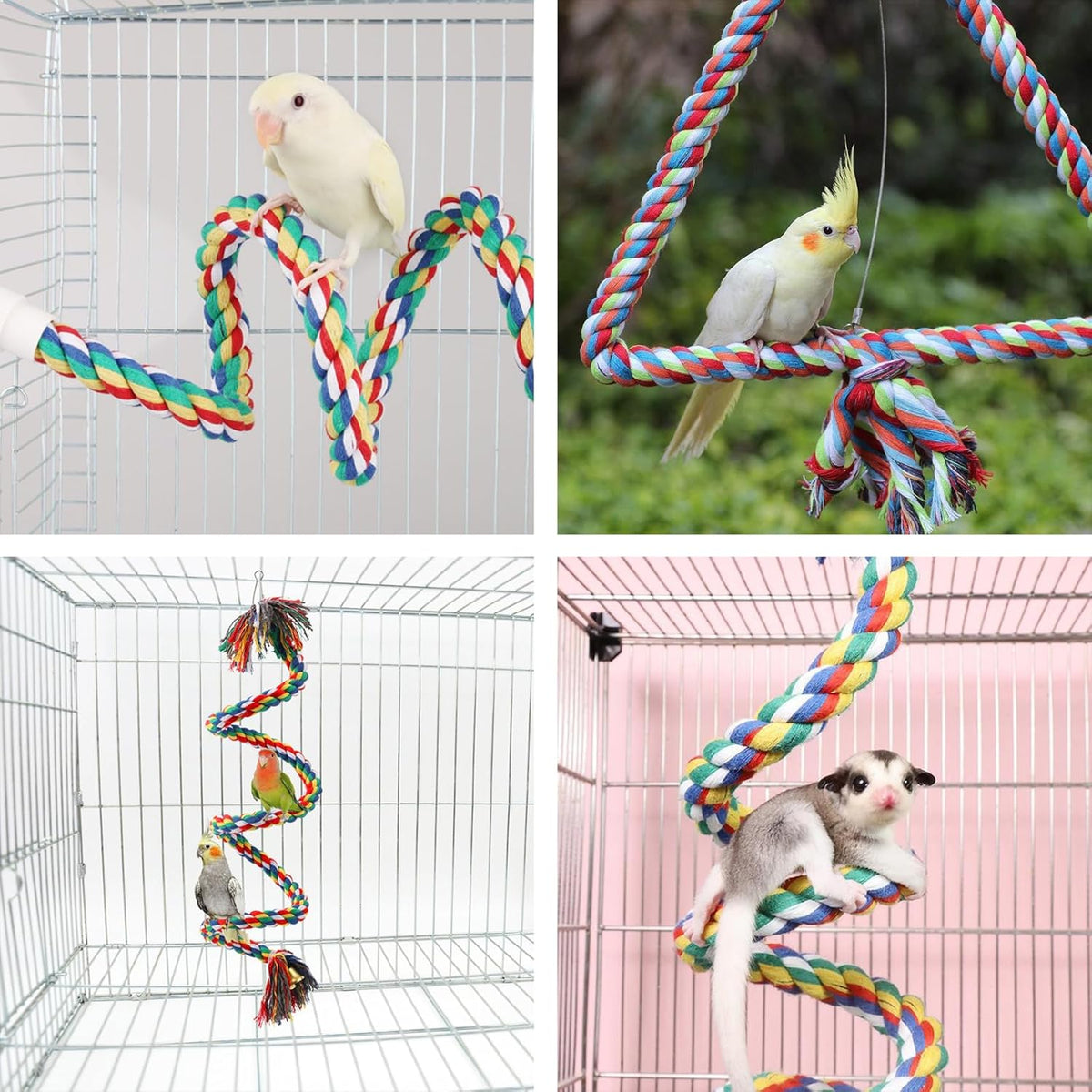 3 Pcs Bird Perch Cage Accessories Perches for Rope Cages Colorful Parrot Ropebird Flexible Parrot Toys (Large + Small) Double-Head Screw Type * 1 + Hook Cotton Rope Type * 1