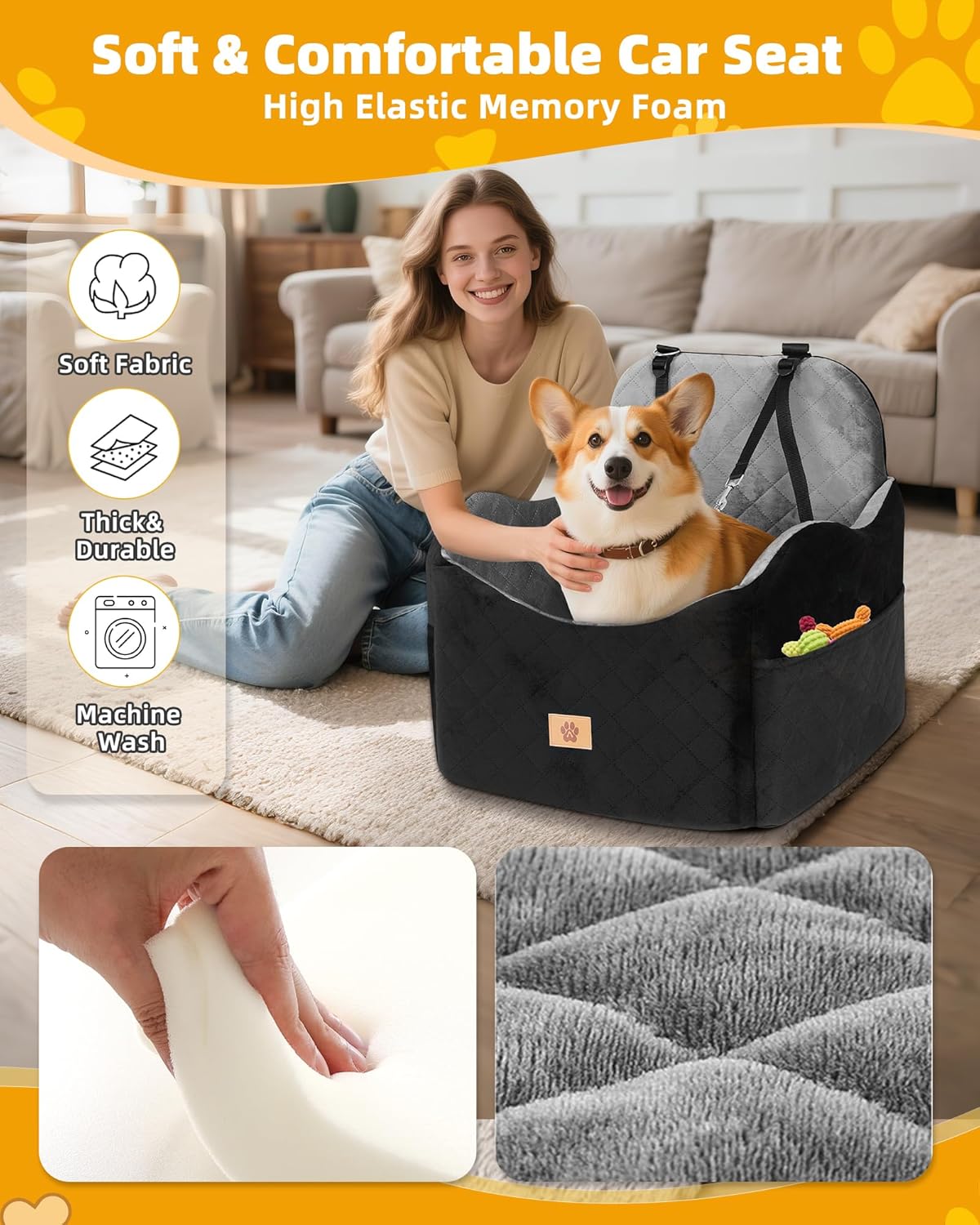 Car Seat Booster for Dog: High-Support Memory Foam Pet Car Seat for Small/Medium Dogs Under 35lbs with Elevated Cushion, Pockets - Detachable Washable Puppy Travel Bed for Driving(Black/Grey) - Pet Explorer