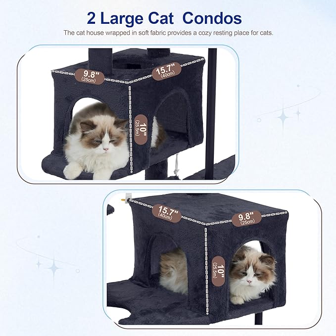 51.2'' Cat Tree Tower, Cat Tower with Scratching Post, Sturdy Steel Pube Cat Tree for Inoor Cats Large Adult, Cat Hammock and Basket, Padding Top Platform, Drak Gray GCT014G