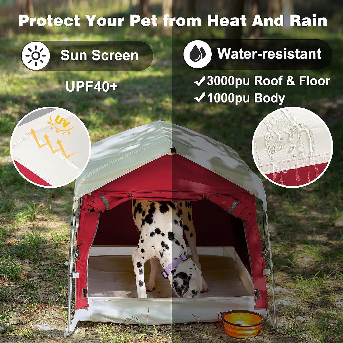 Dog Tent Cotton Fabric, Aluminum Poles and Camping Mat, Outdoor Weatherproof, Dog House Outdoor, Breathable with 2 Side Windows, Portable and Collapsible (Red, Large) - Pet Explorer
