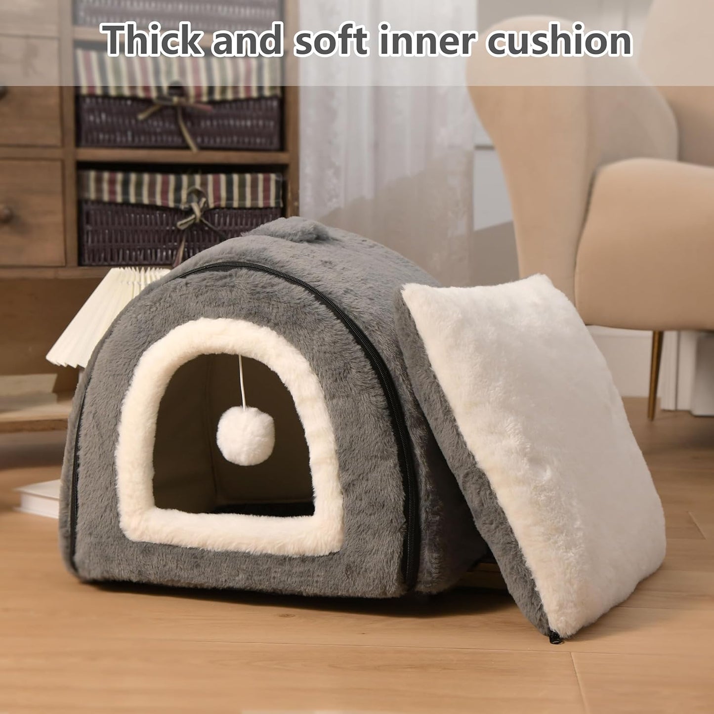 Cat Bed for Indoor Cats，Foldable cat cave，Anti-Slip & Water-Resistant Bottom，cat Houses for Indoor Cats or Small Dogs, Kitten Tent, Rabbit Bed，2 in 1 pet Bed (Dark Grey) - Pet Explorer