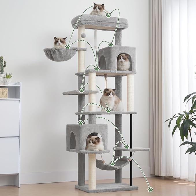 Cat Tree for Indoor Cats Large Adult, 70.5'' Cat Tower with Scratching Post, Sturdy Steel Pube Cat Tree Tower with Large Playing Platfrom, Hammock and Basket, Top Perch, Light Gray GCT024W