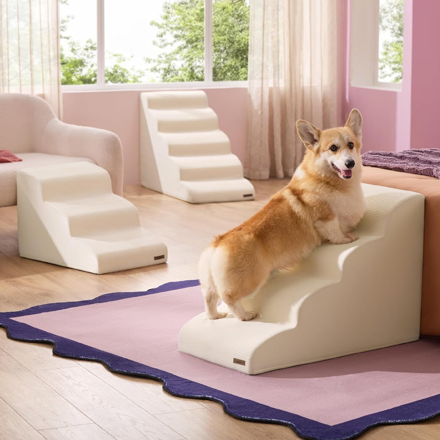 Lesure Dog Stairs for Small Dogs and Cats Pet Steps Ramp for Bed and Couch with CertiPUR-US Certified Foam with Non-Slip Bottom, Beige, 3 Steps - Pet Explorer