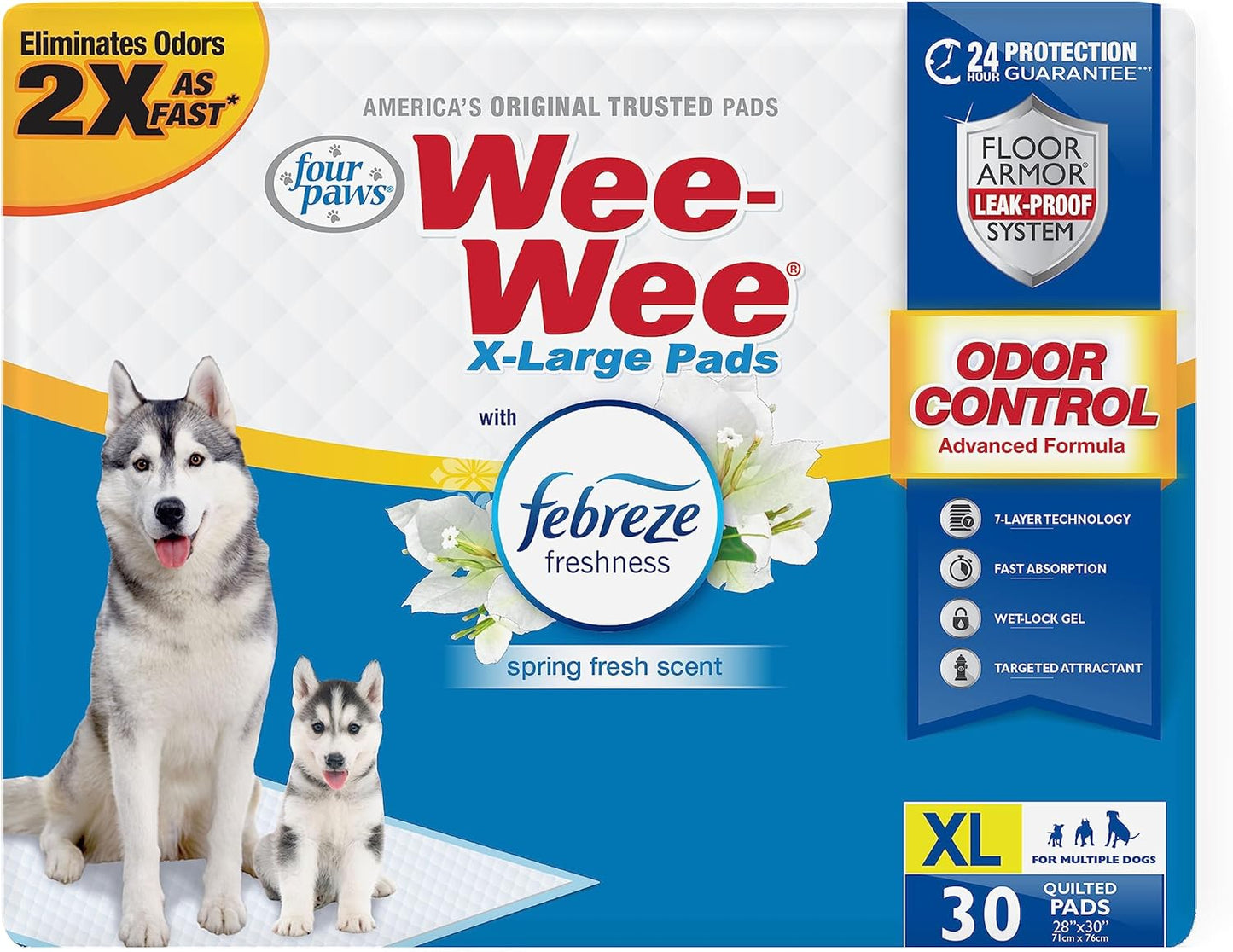 Four Paws Wee-Wee Odor Control with Febreze Freshness Pee Pads for Dogs & Puppies, Leak-Proof Dog Housebreaking Potty Training Floor Protection, Spring Fresh Scent, 28" x 30", 30 Count - Pet Explorer