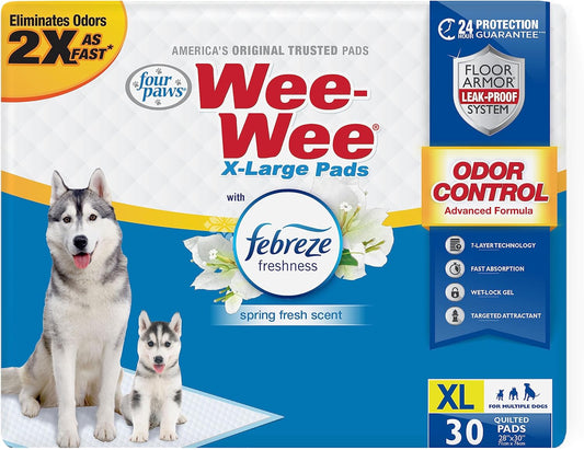 Four Paws Wee-Wee Odor Control with Febreze Freshness Pee Pads for Dogs & Puppies, Leak-Proof Dog Housebreaking Potty Training Floor Protection, Spring Fresh Scent, 28" x 30", 30 Count - Pet Explorer