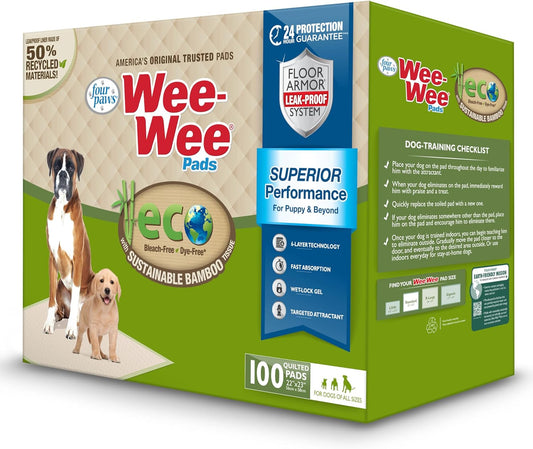 Four Paws Wee-Wee Superior Performance Bamboo Pee Pads for Dogs, Earth Friendly Dog & Puppy Potty Training Pads, Crate Liners, Housebreaking Supplies, 22" x 23" (100 Count) - Pet Explorer