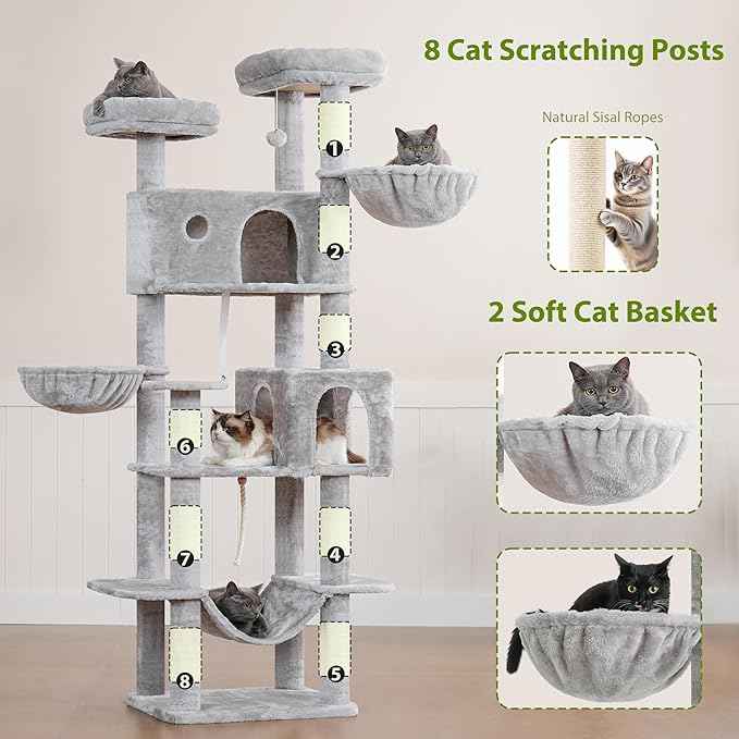 Tall Cat Tree, Large Cat Tower for Adult Cats, 80.7'' (205cm) Heavy-Duty Cat Tree House for Indoor Cats 20 lbs+ with Scratching Posts, 2 Top Perches/Condos, Hammcok, Light Gray GCT034W