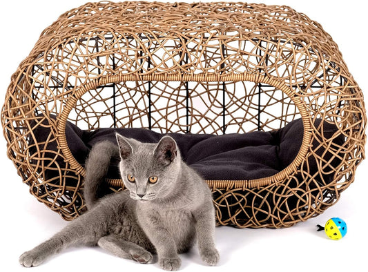 Fun Stackable Cat Condo for Indoor Cats - Interactive Play Faux Rattan Cat House for Indoor Cats Kitty, Pet Friendly Top/Side House Entry, Cat Bed Enclosed - Pet Explorer