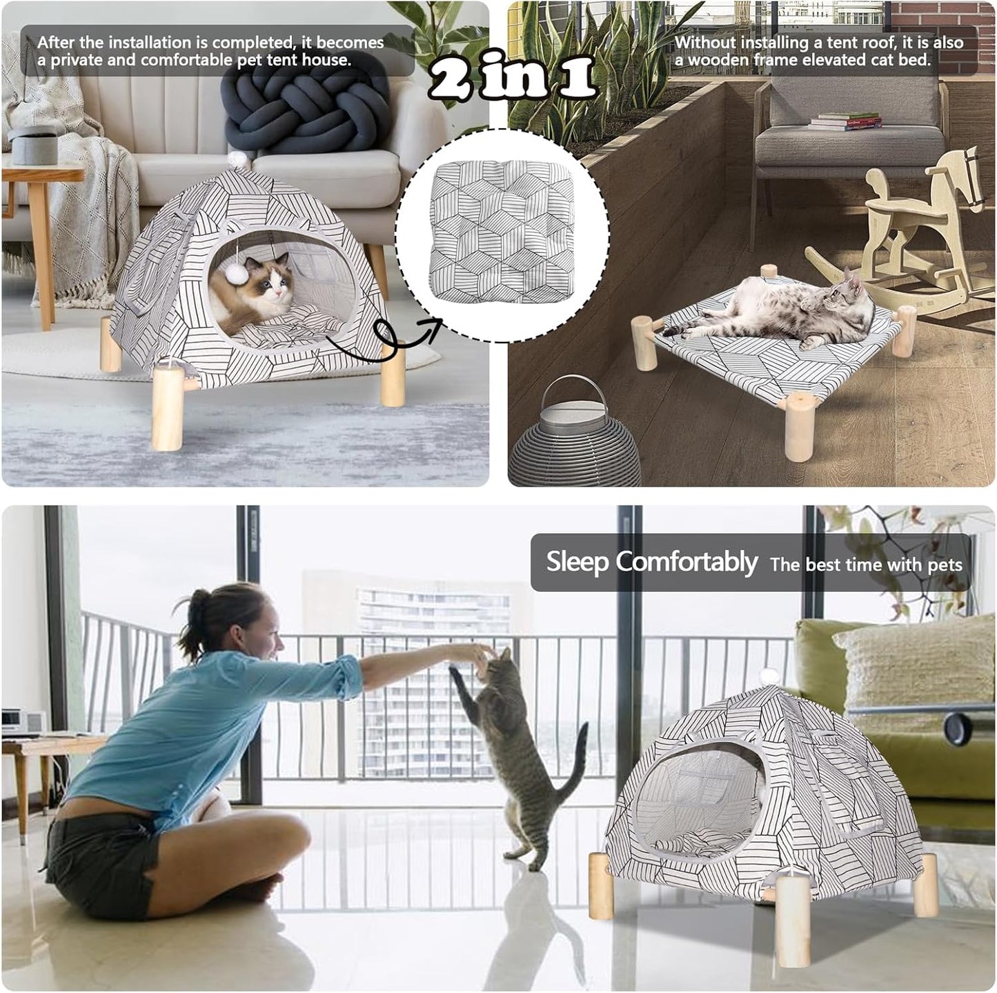 2-in-1 Elevated Cat Tent Cat House, Quick Assembly and Disassembly, Portable Indoor/Outdoor Cute Cat Bed Cave-White Diamond Pattern - Pet Explorer