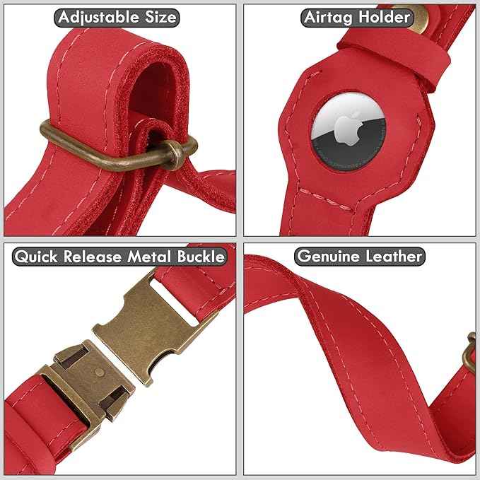 AirTag Dog Collar - Genuine Leather Dog Collar with Apple AirTag Holder and Metal Buckle - Smart GPS Tracking Pet Collars (Red, S, 12"-15" Neck Fit)