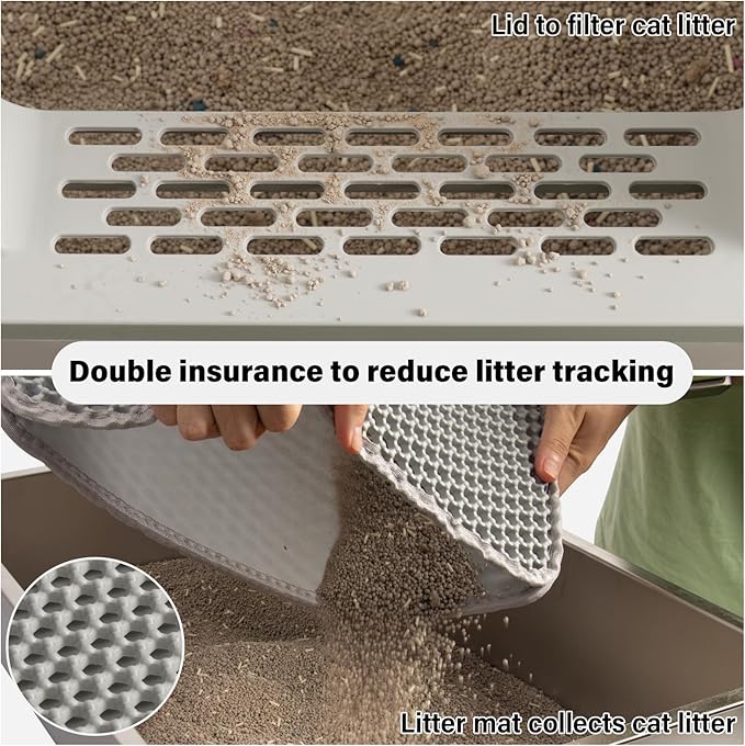 XL Stainless Steel Litter Box 2 Pack, Extra Large High Sided Metal Cat Litter Box with Lid, Scooper & Mat, Easy Clean, Non Stick & No Smell