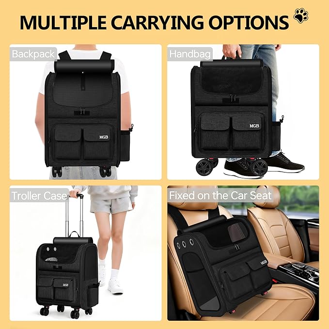 MGB Rolling Cat Carrier with Wheels: Dog Carrier for Small Dogs & Large Cats, Large Cat Carrier with YKK Zipper, Large Capacity, Breathable Mesh, Side Pocket, Black (Not for Airline)