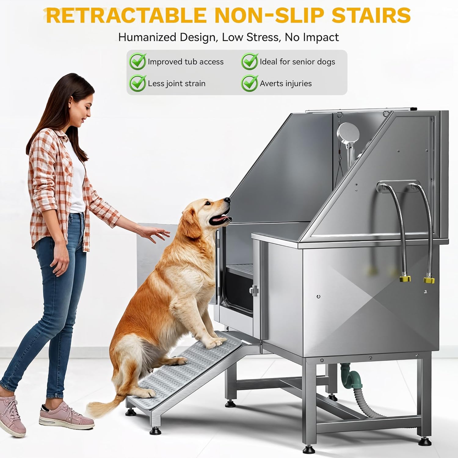 DWVO Professional Pet Dog Bathing Station for Grooming, 50'' Dog Grooming Bathtub with Left Ramp, Floor Grate, Faucet, Showerhead & Soap Holder for Large, Medium & Small Pets - Pet Explorer