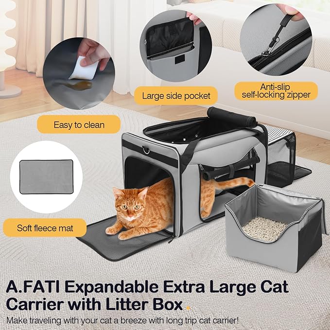 Extra Large Cat Carrier for Car Travel, Expandable Cat Carrier with Litter Box, 24"x17"x16" Soft-Sided Pet Carrier for Road Trip, Pet Carriers for 1 Large / 2 Medium Cats Under 45lbs(Grey)