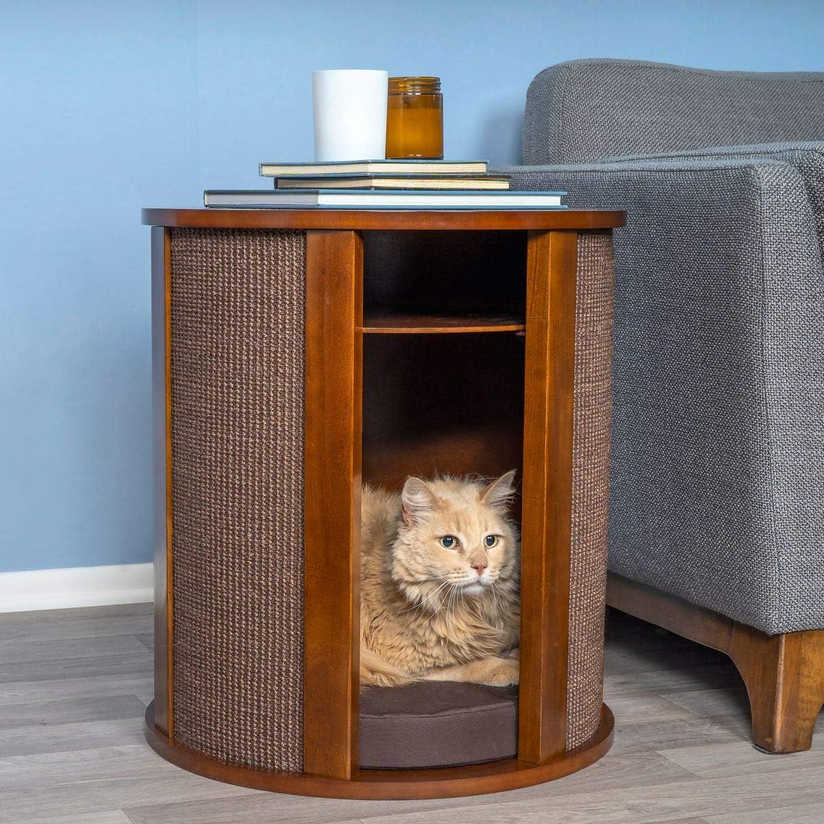 THE REFINED FELINE Purrrrfect End Table Cat Bed Cave in Mahogany Brown, Multipurpose Wood Cat Furniture Nightstand, Easy to Clean Covered Cat Bed with Replaceable Scratching Post & Washable Cushion - Pet Explorer