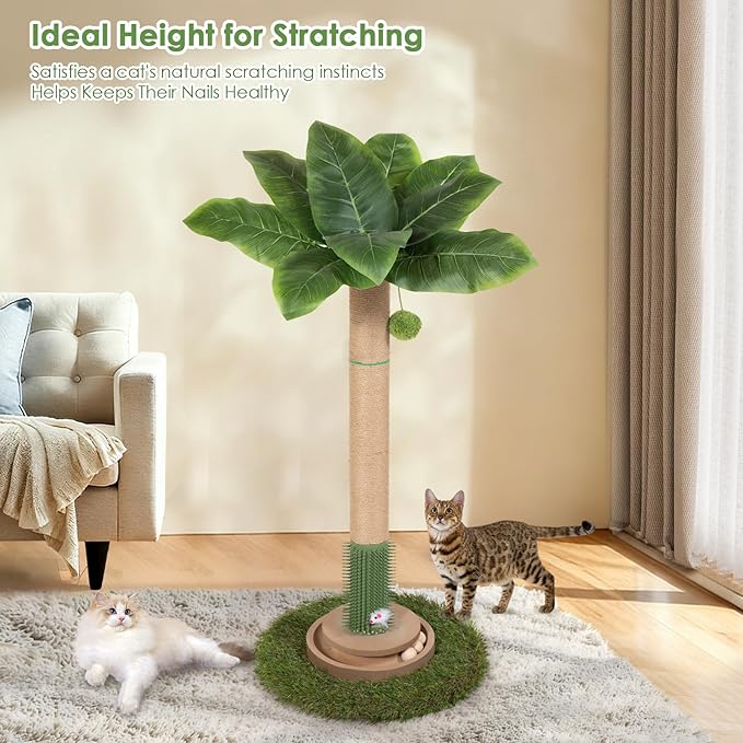Cat Scratching Post, 35 Inch Tall Cat Scratcher Cat Tree Tower with Hanging Ball for Indoor Cats Adults,Canna Lily Leaf,Sisal Rope Kitten Scratch with Interactive Mouse Cat Toy