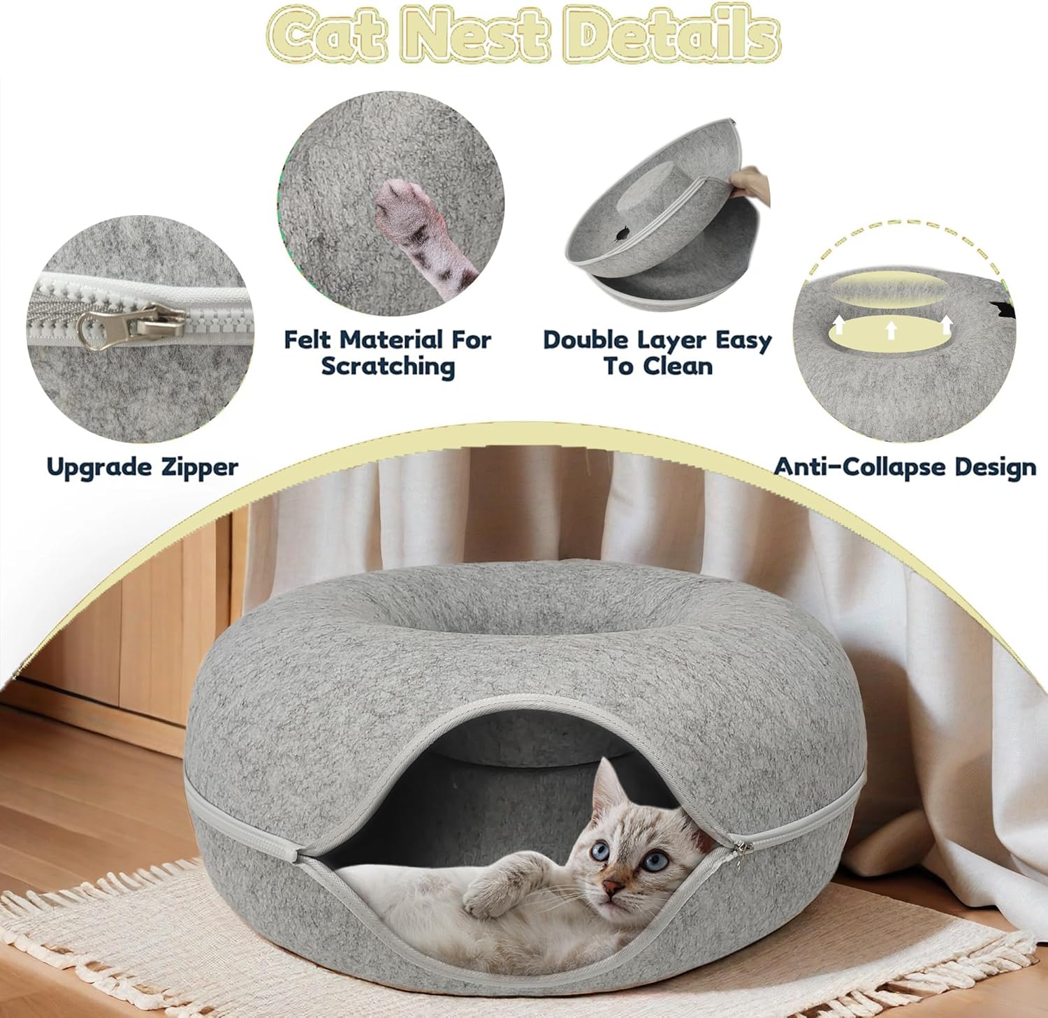 Donut Cat Tunnel Bed Peekaboo Cat Cave for Large Cats Up to 30 Lbs, Kitty Interactive Playing Tent House for Multiple Cats,Detachable,Scratch Resistant (Light Gray, Large - 24 Inch Diameter) - Pet Explorer