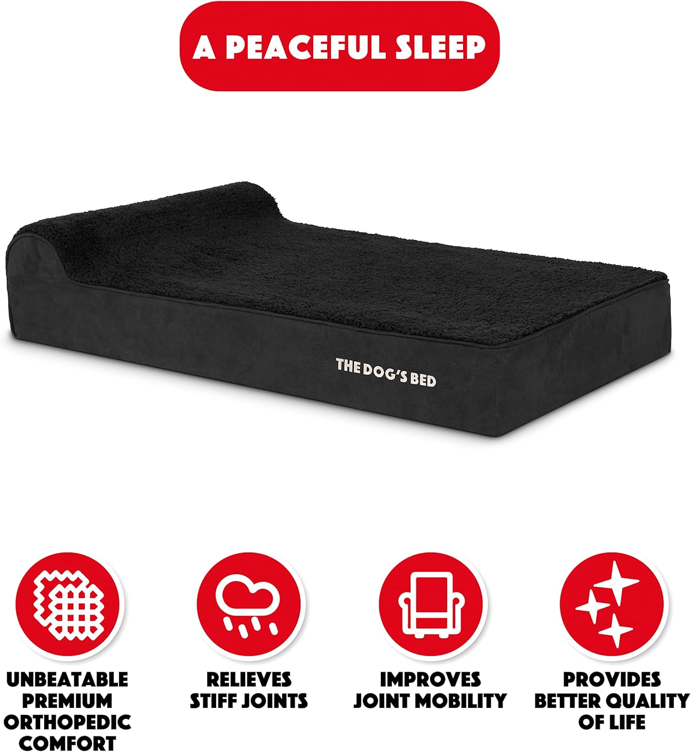 The Dog’s Bed Orthopedic Headrest Dog Bed XL Black Plush 46x28, Memory Foam, Pain Relief for Arthritis, Hip & Elbow Dysplasia, Post Surgery, Lameness, Veterinary Approved, Waterproof Washable Cover - Pet Explorer