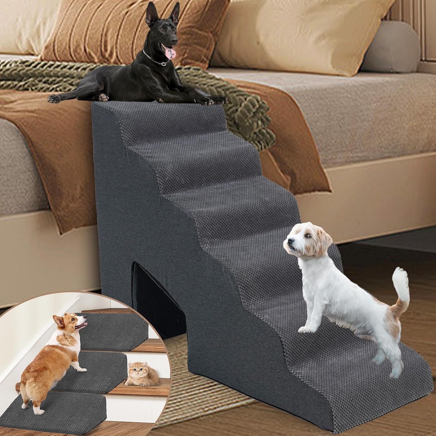 Dog Stairs & Steps Ramps for High Beds 30 inches High Tall, LitaiL 6 Step Pet Stairs Steps for Small Large Dogs, Non-Slip Dog Ramps with 3 Pack Ramps for Staircase - Pet Explorer