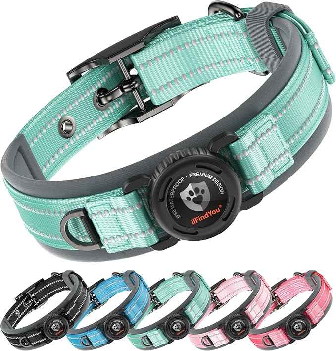 Upgraded AirTag Dog Collar with Holder, Waterproof Reflective Air Tag Dog Collar with Widened Comfortable Padding & Ultra-Durable Metal Buckle, Adjustable for Medium Dogs (M, Cyan)