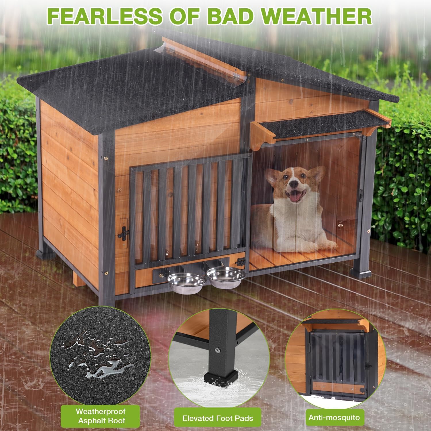 Heated Dog House Outdoor with Bowls Weatherproof Dog Kennel with Heating Pad Anti-Chewing Iron Frame Dog Shelter for Small Medium Dogs(Wooden Brown) - Pet Explorer