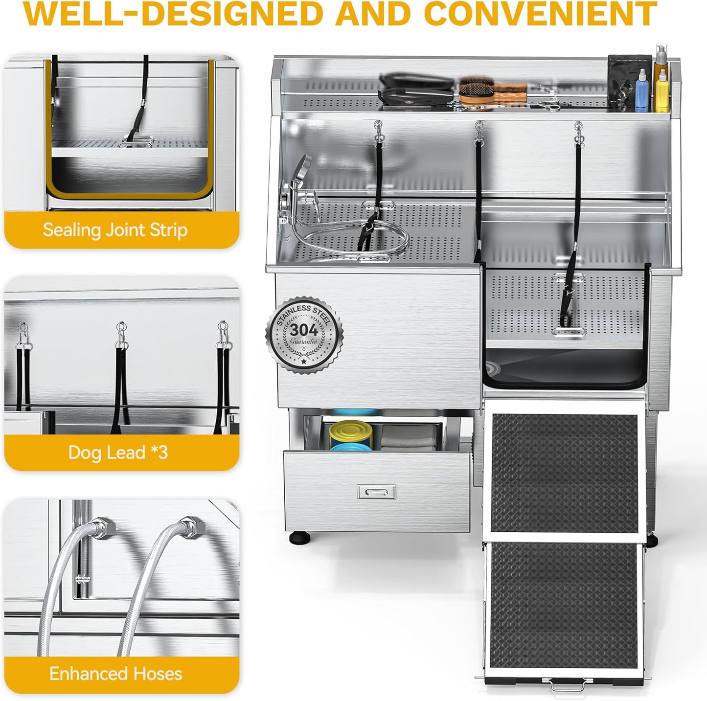 DWVO Professional Dog Bathing Station Stainless Steel 304 Dog Bathtub 50in for Grooming w/Left Door Ramp, 2 Storage Drawers, Faucet, Grate, Pet Washing Station for Large, Medium, Small Pets - Pet Explorer