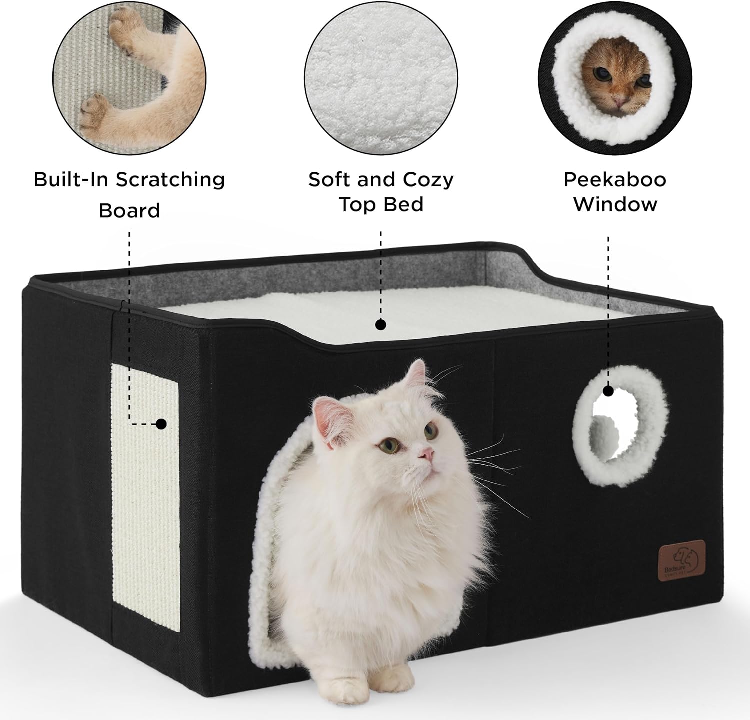 Bedsure Large Cat Beds for Indoor Cats - Extra Wide Cat Cube House for Small Pet with Fluffy Ball Hanging and Scratch Pad, Foldable Pet Cave Hideaway for Multiple Cats, 23.6x16.9x13 inches, Black - Pet Explorer