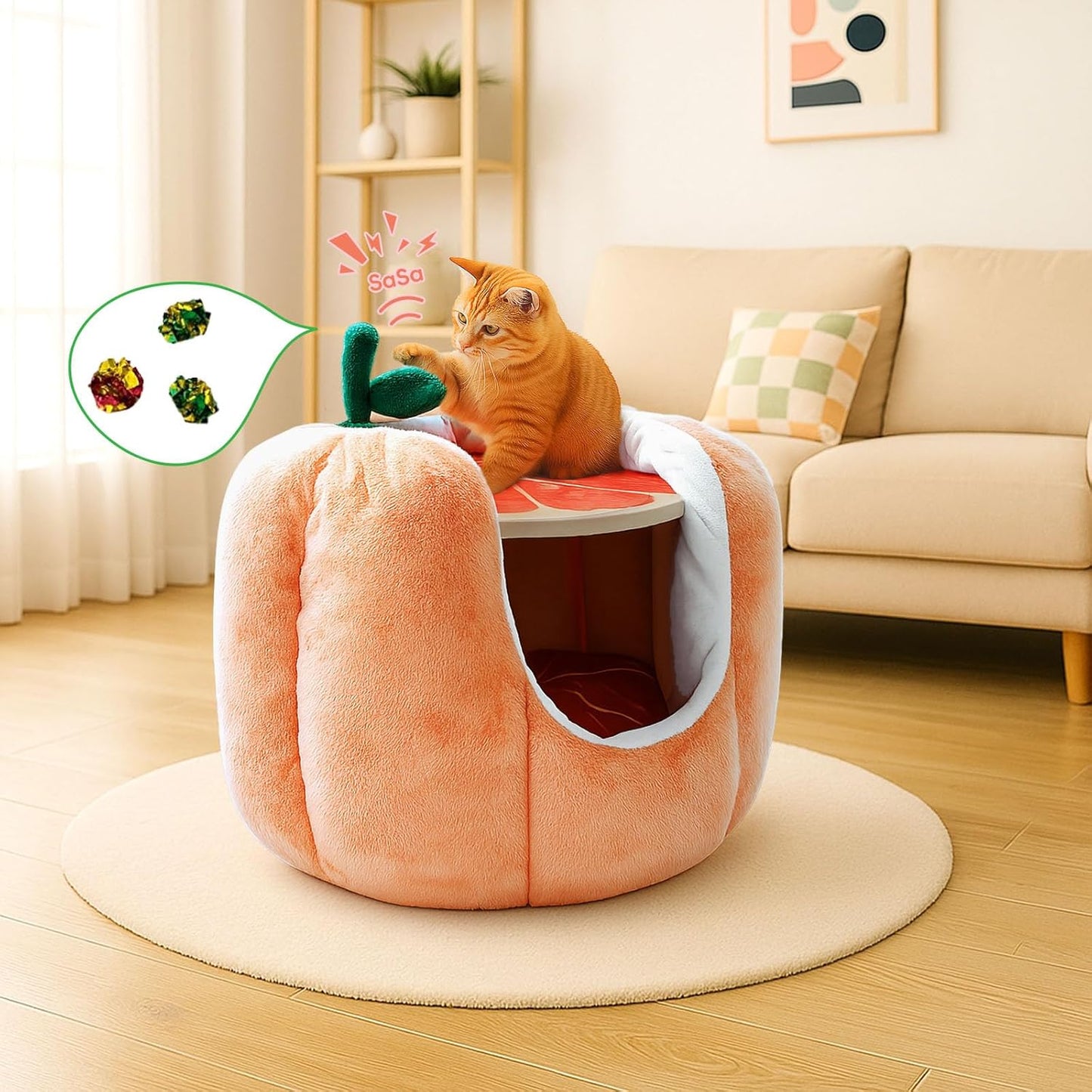 Cat Houses for Indoor Cats, Small Cat Tree with Sisal Ropes and Plush Perch, Cute Cat Bed Cave with Soft Pillow, Grapefruit Design - Pet Explorer