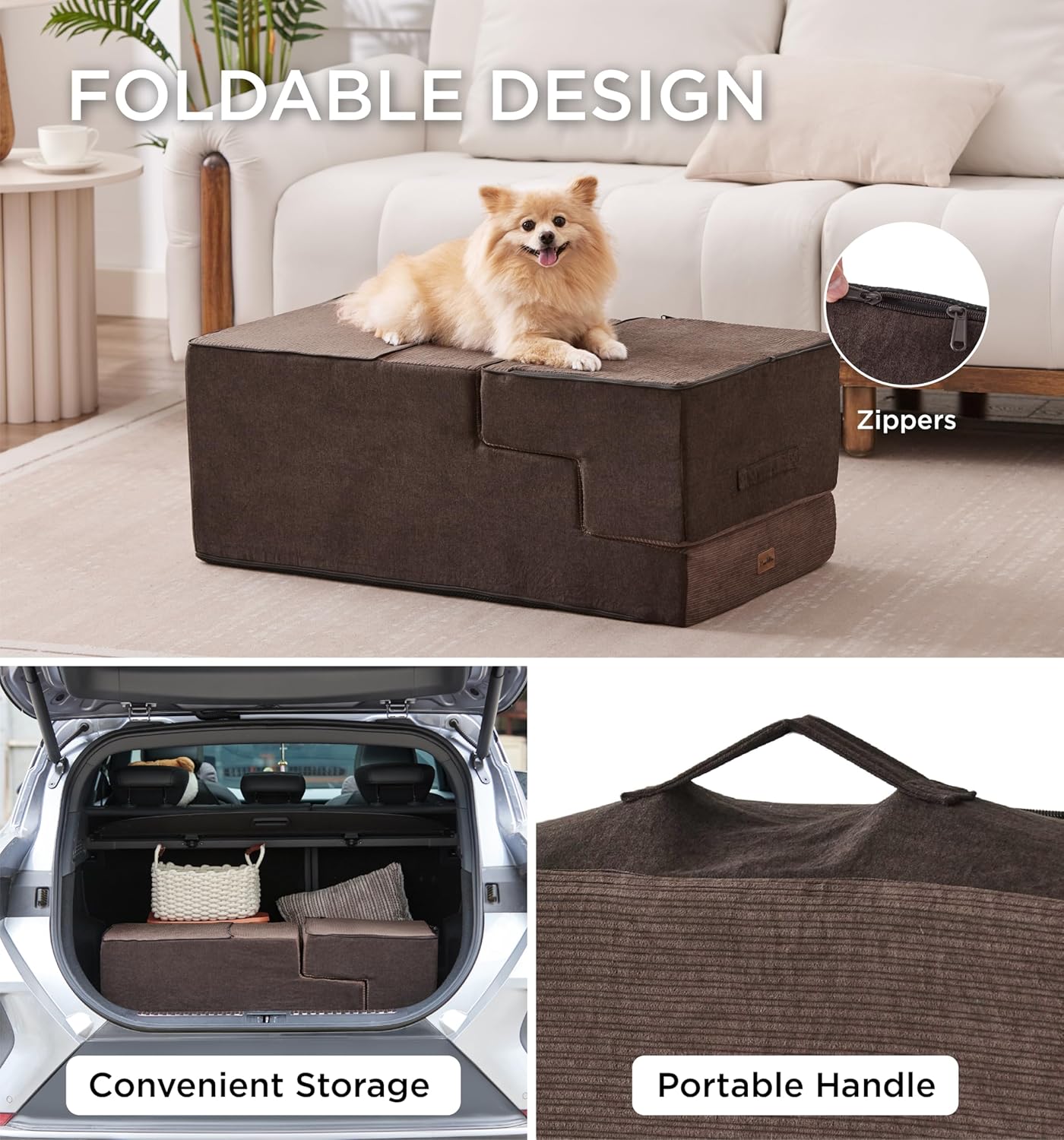 Made4Pets Dog Steps for Bed, Extra Wide Dog Stairs for High Bed Couch Sofa, 35D Foam Pet Steps for Small Dogs and Cats, Non-Slip Bottom Pet Stairs, Brown, 4 Steps - Pet Explorer
