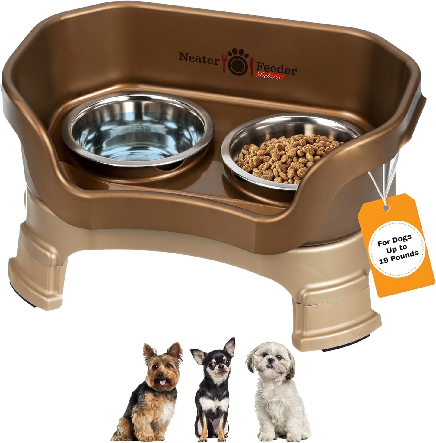 Neater Feeder Deluxe Mess Proof Dog Bowls Elevated for Small Breeds – Made in USA – No Spill Raised Dog Food Bowl Stand w/Leg Extensions – Stainless Steel Dog Food and Water Bowl Set – Bronze - Pet Explorer
