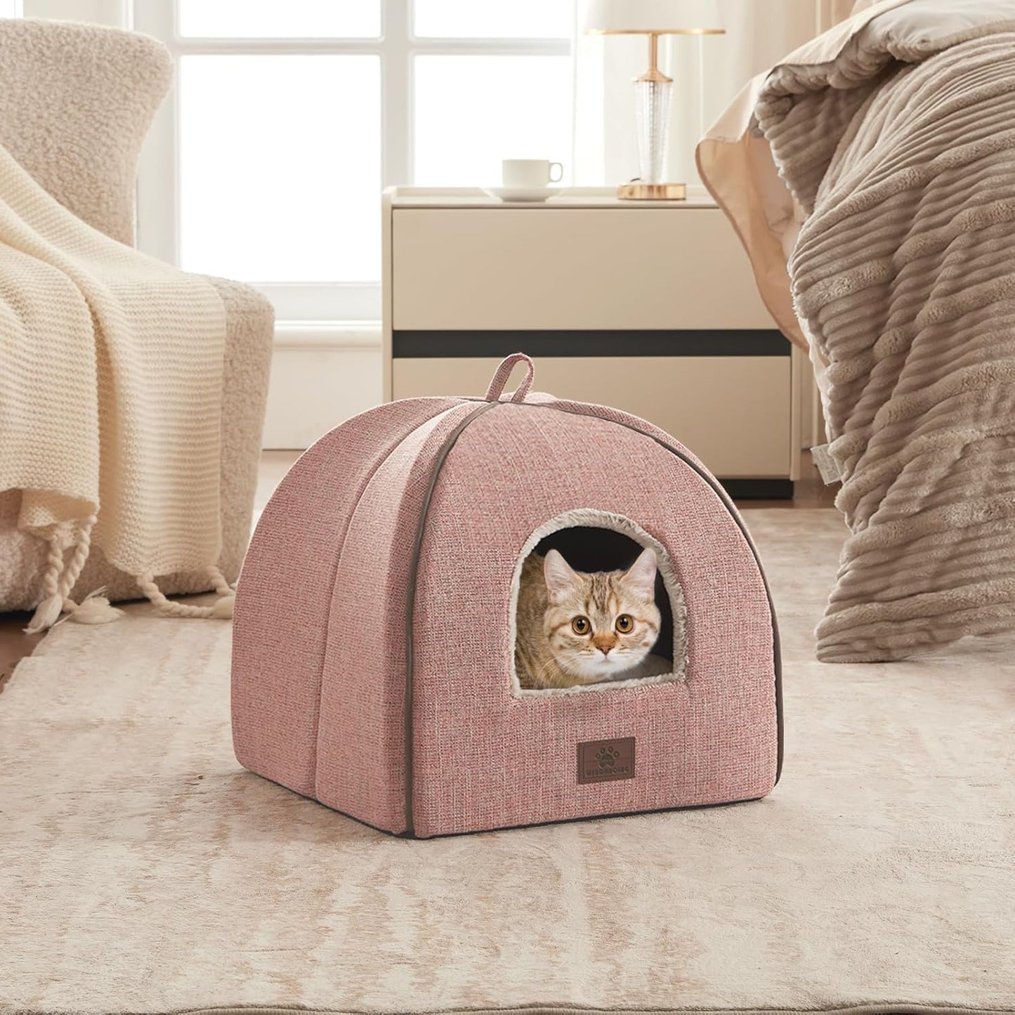 Cat Bed for Indoor Cats - Cat Cave Bed Cat House Cat Tent with Removable Washable Cushioned Pillow, Soft and Self Kitten beds,Cat Beds & Furniture, Pet Bed (Large, Pink) - Pet Explorer