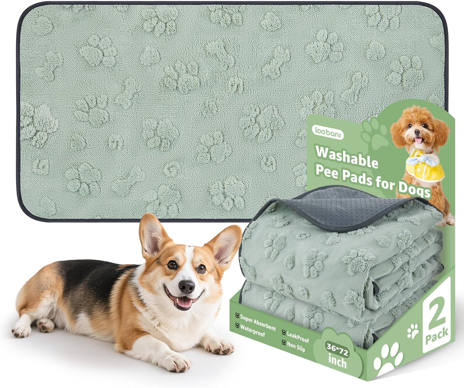 LOOBANI Washable Pee Pads for Dogs: 2 Pack Super Absorbent Reusable Puppy Pads, Leakproof and Waterproof Dog Training Pads Whelping Pads for Potty, Floor, Crate, Couch, Bed and Travel, 36"x72" - Pet Explorer