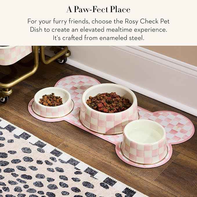 MACKENZIE-CHILDS Enamel Pet Bowl, Cute Cat and Dog Bowl for Food and Water, Large, Pink-and-White Rosy Check