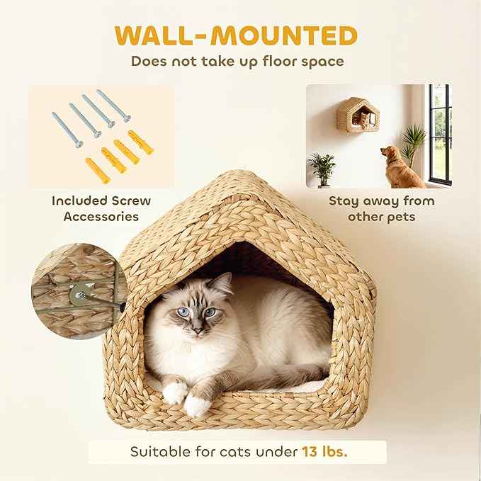 PawHut Wall Mounted Cat House, Cat Wall Condo Furniture with Washable Cushion, Kitty Shelf Bed for Indoor Cats Kittens, Natural