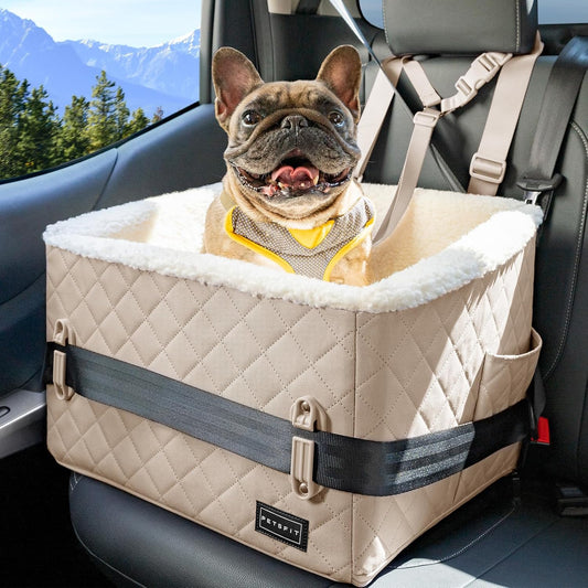 PETSFIT Small Dog Booster Car Seat, Soft Foam Puppy Carseat with Patented Safety Buckles, Storage Pockets and Detachable Clip-On Safety Leash, Dog Car Booster Seat for Medium Pet Under 30 LBS (Khaki) - Pet Explorer