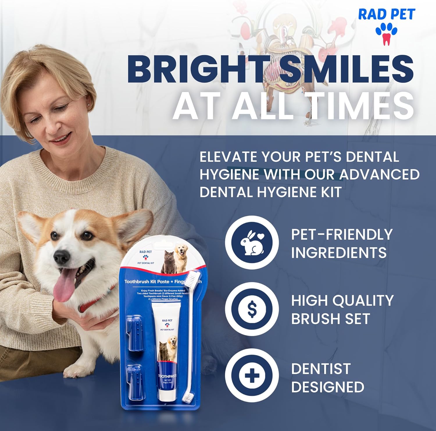 Rad Health Dental Kit - Dog Toothbrush and Toothpaste Kit for Daily Oral Care, Dual Brushes for Deep Cleaning, Safe for Cats & Dogs, Reduces Bad Breath, Prevents Gum Disease - Pet Explorer