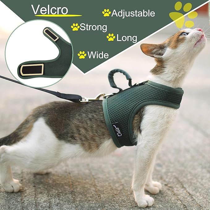Cat Harness and Leash for Walking Escape Proof Breathable Mesh Fabric, Solid Green, Large, Adjustable Cat Walking Jackets with Handle, Padded Stylish Cat Vest