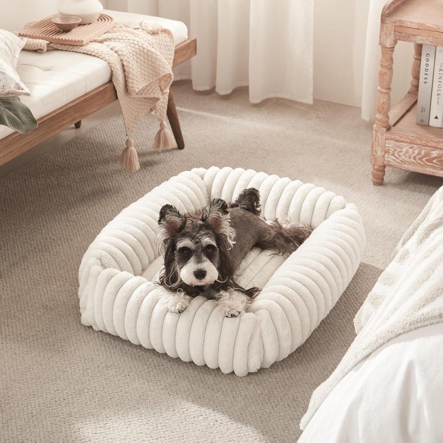 Dog Beds for Small Dogs, Washable Dog Bed with Removable Cover, Rectangle Soft Calming Sleeping Puppy Bed Durable Pet Cuddler with Anti-Slip Bottom, 20"x19"x6" Cream - Pet Explorer
