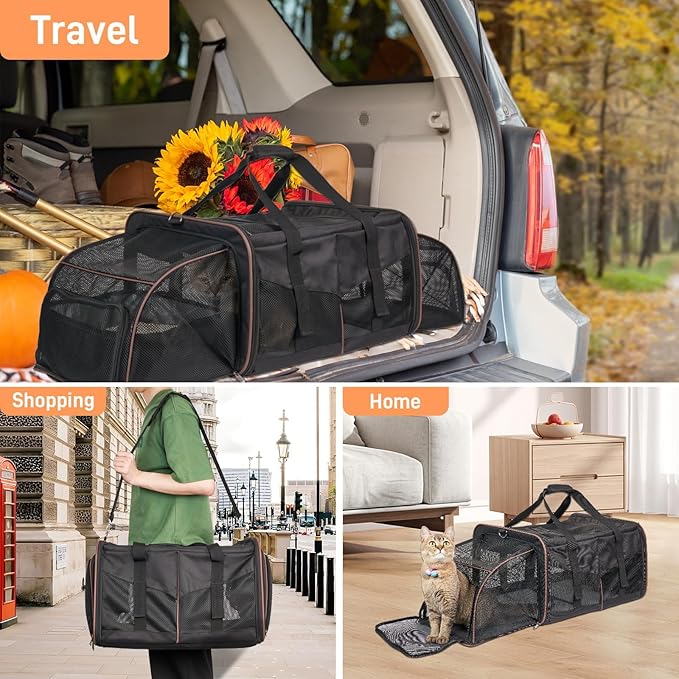 Cat Travel Carrier with Litter Box, Expandable Cat Carrier for 2 Cats for Car Travel, Double Cat Carrier with Zipper Locks, Soft Sided Pet Carrier for Cats and Dogs up to 30lbs, Black