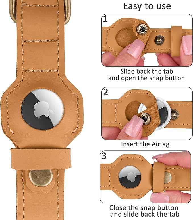 AirTag Dog Collar - Genuine Leather Dog Collar with Apple AirTag Holder and Metal Buckle - Smart GPS Tracking Pet Collars (Light Brown, L, 17"-21" Neck Fit)