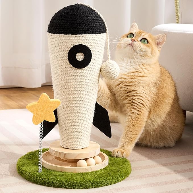 Cat Scratching Post, Rocket Cute Sisal Cat Scratcher with Durable Solid Wood Turntable Toy, Cat Scratch Post Red Cat Scratcher with Spinning Star Toy for Indoor Adult Cats