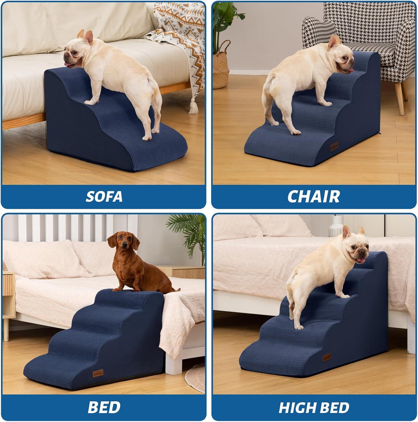 5-Step Dog Stairs and Ramp for High Bed, Non-Slip Sturdy Pet Steps for Small Dogs and Cats,22.2" H,Blue - Pet Explorer