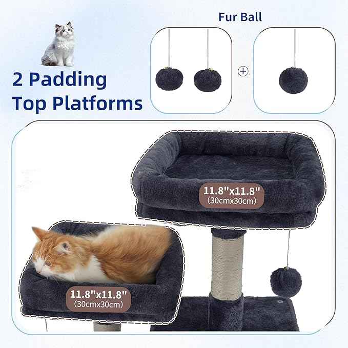 Multi-Level Cat Tree for Indoor Cats, Cat Tower with 2 Scratching Boards, 2 Plush Padding Platforms, Cat Condo House with Hammock, Basket, Smoky Gray GCT022G